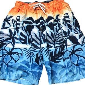 Men’s Medium Sonoma Swim Trunks Lined Blue, Orange, White Floral Pull On